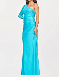FAVIANA One Shoulder Long Sleeve Gown in sky blue - women's dress - detail view