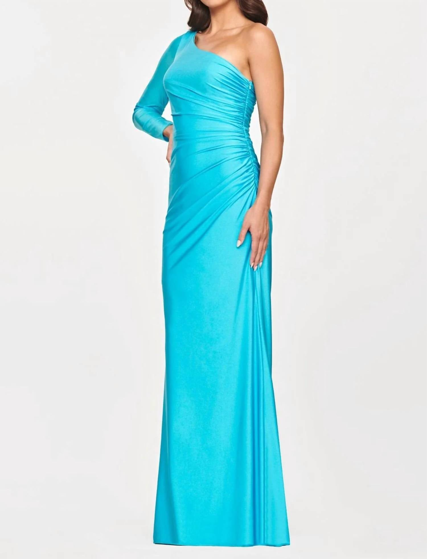 FAVIANA One Shoulder Long Sleeve Gown in sky blue - women's dress - detail view