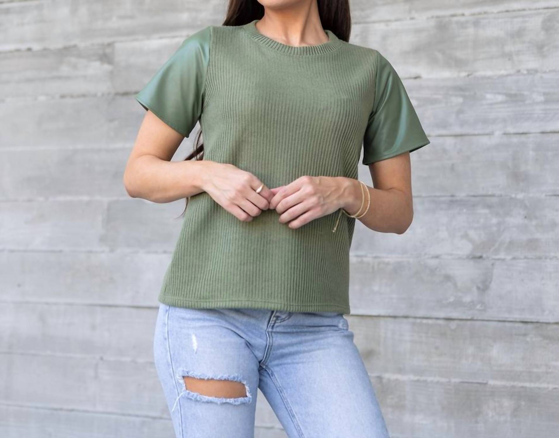 Les Amis - Knit Solid Top With Faux Leather Sleeves