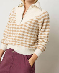 Lilla P Mixed Stitch Half Zip Top in ivory birch stripe - women's sweater