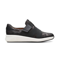 Clarks Women's Un Rio Strap Sneaker in black snake - women's sneaker - detail view