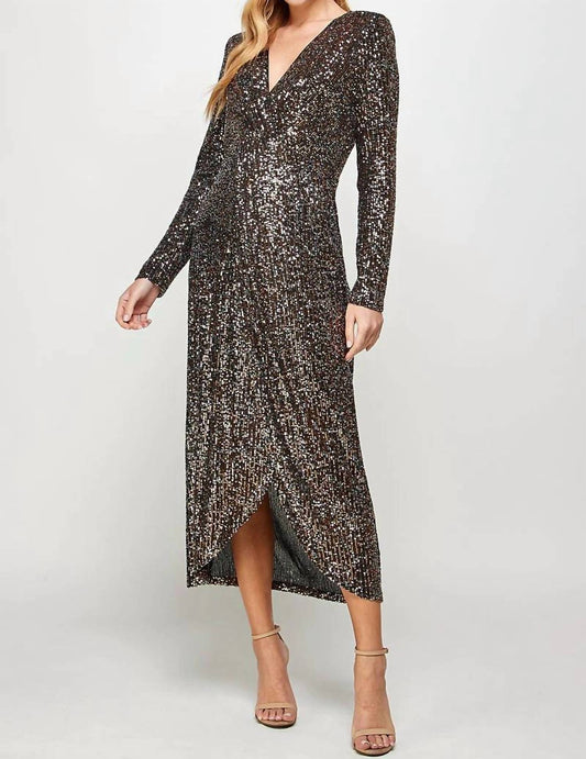 See And Be Seen - Long Sleeve Sequin Faux Wrap Dress