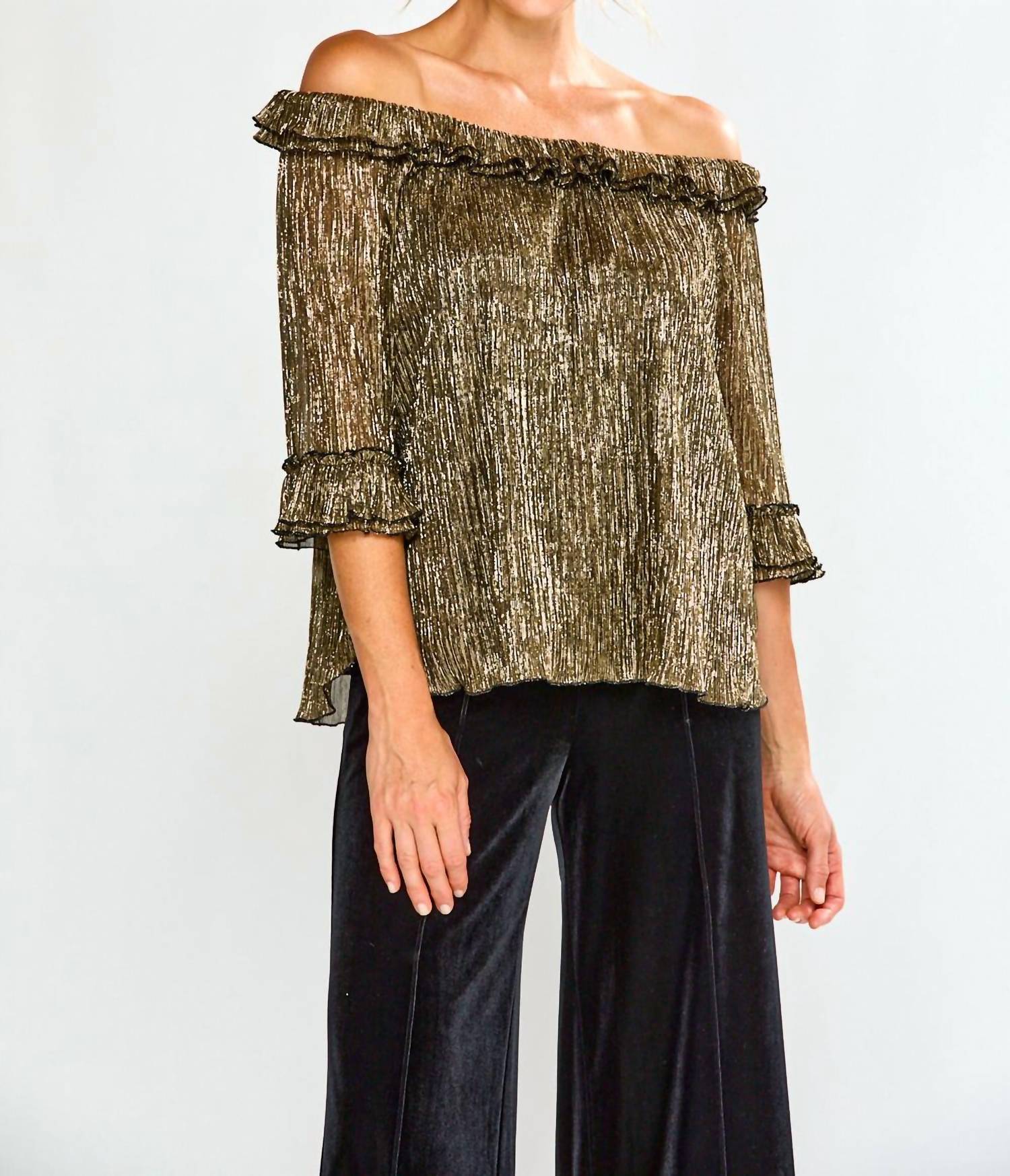 SARA CAMPBELL Candace Ruffle Neckline Top in black gold - women's t-shirt - detail view