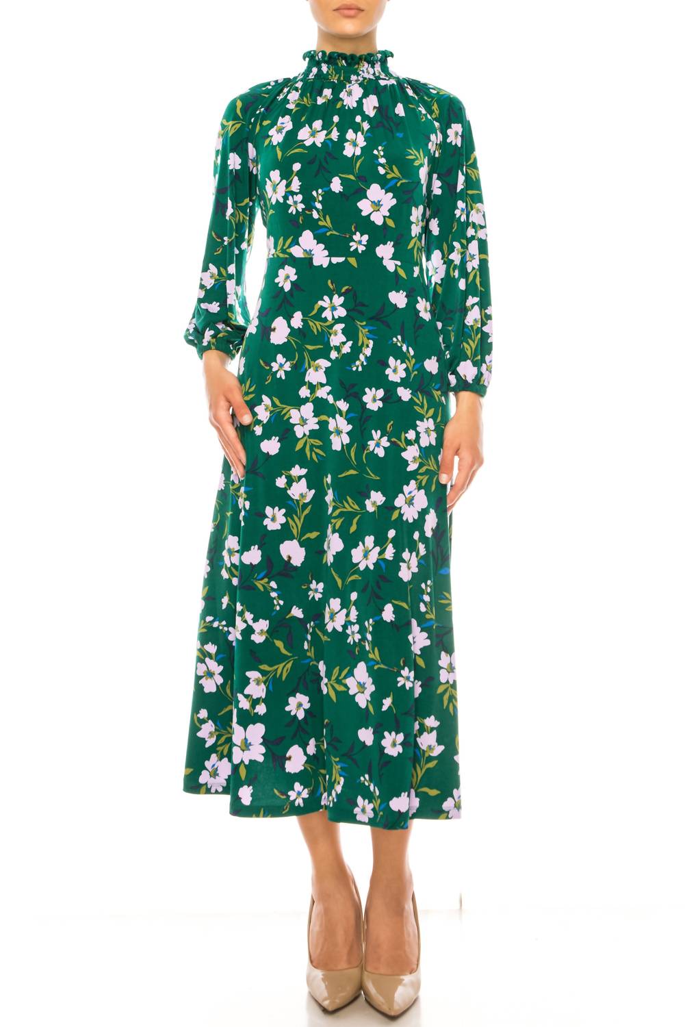 Maggy London - Floral Mock Neck Midi Dress