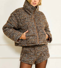 line and dot Clyde Long Sleeve Puffer Jacket in brown - women's jacket - detail view