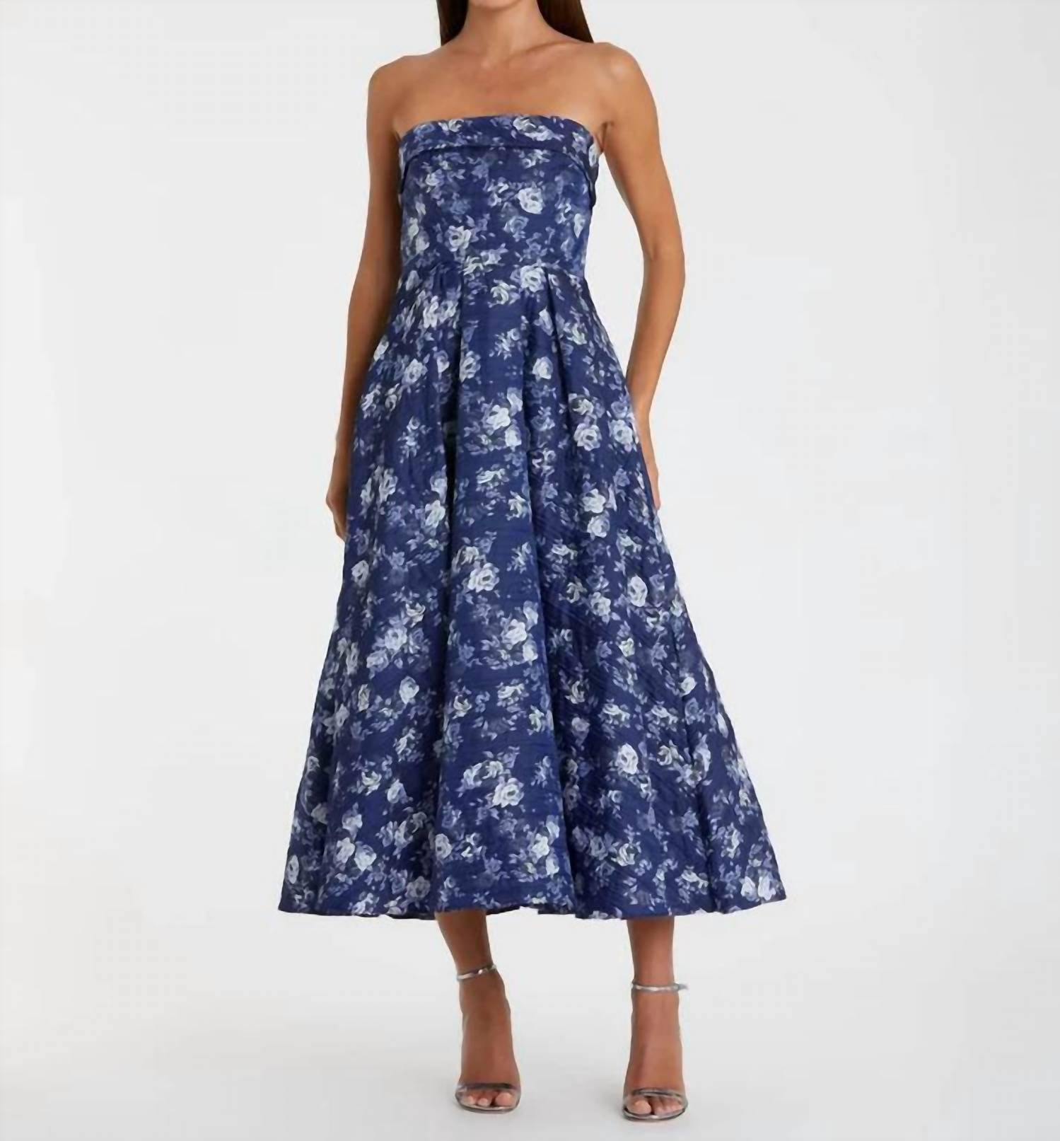 MAC DUGGAL Strapless Brocade Midi Dress in blue multi - women's dress