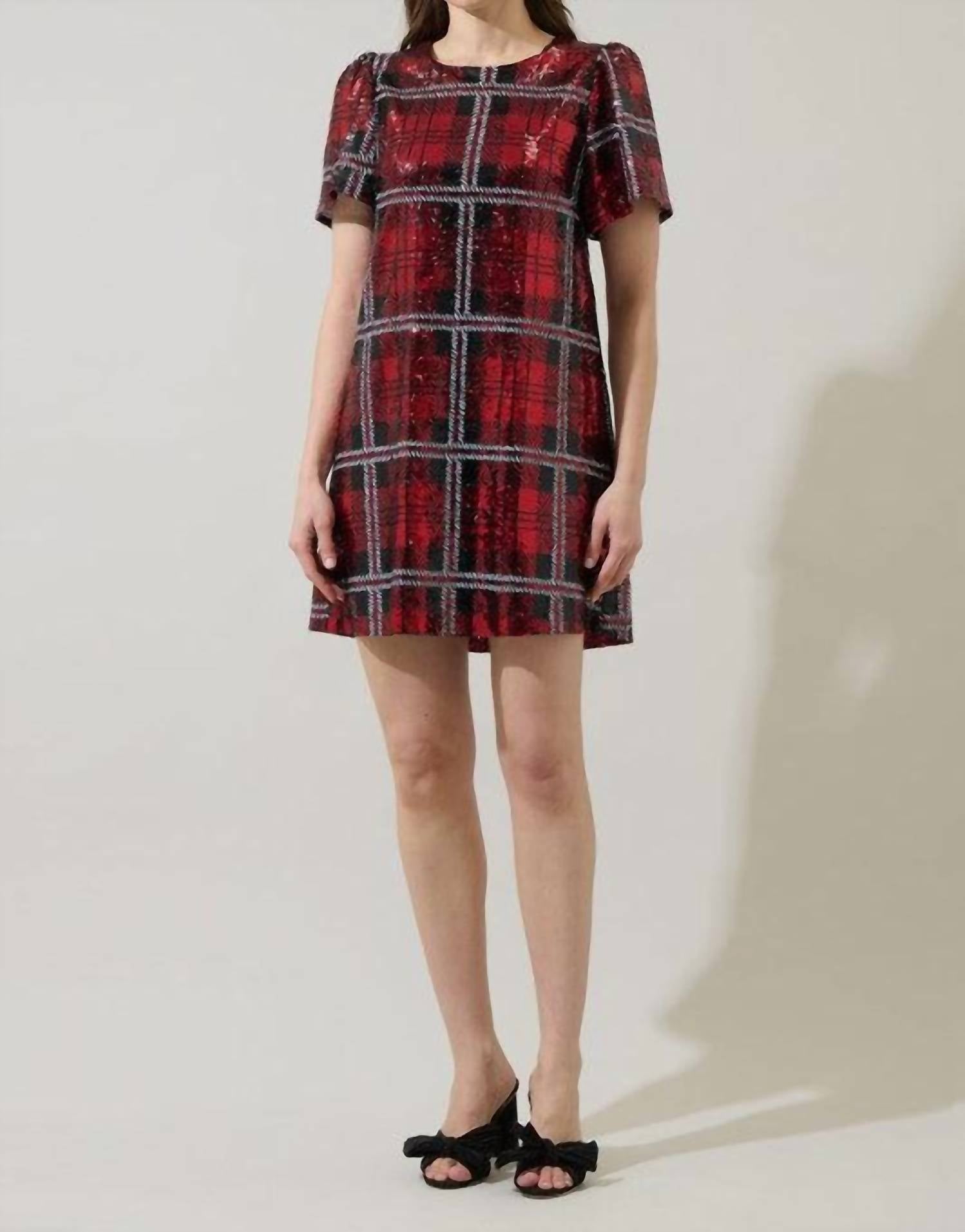 SUGARLIPS Sequin Plaid Mini Dress in red multi - women's dress - view 4