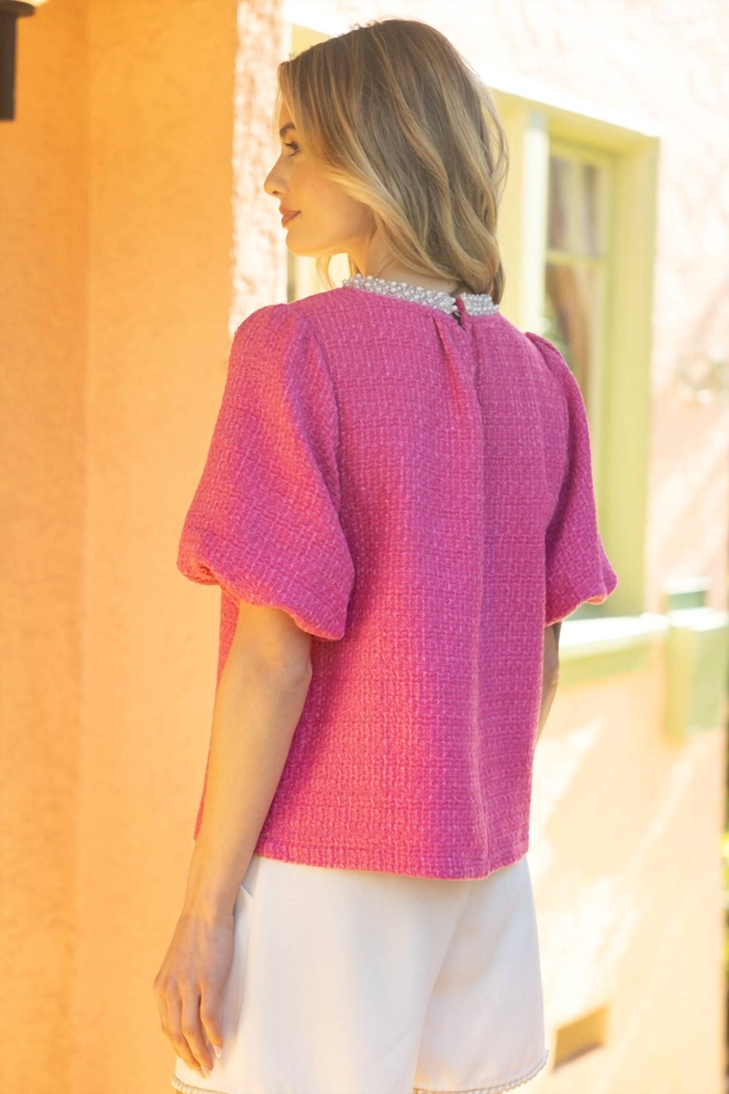 Voy - Pearl Trim Detailed Neck Bubble Sleeve Tweed Top