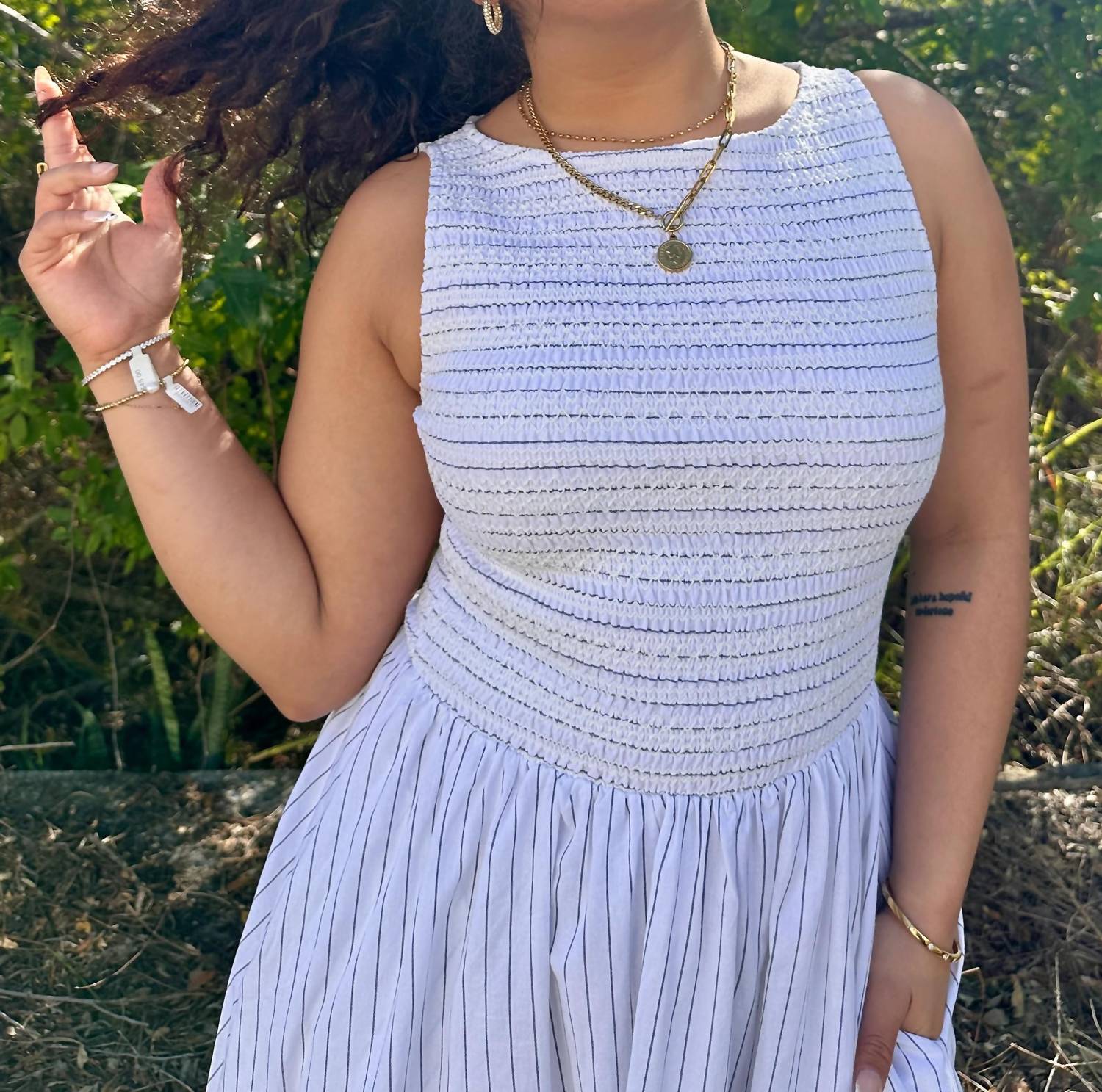 Stitch & Co. - Pinstripe Smocked Sleeveless Midi Dress