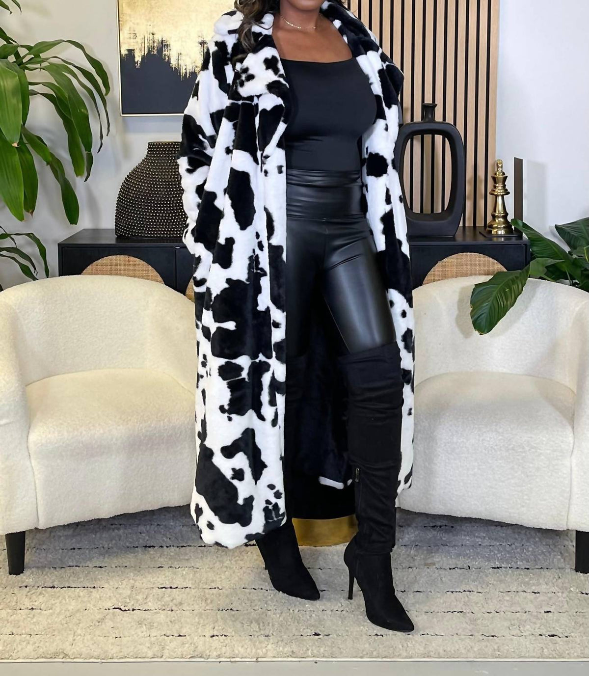 Hers & Mine - So Moody Cow Print Maxi Faux Fur Coat