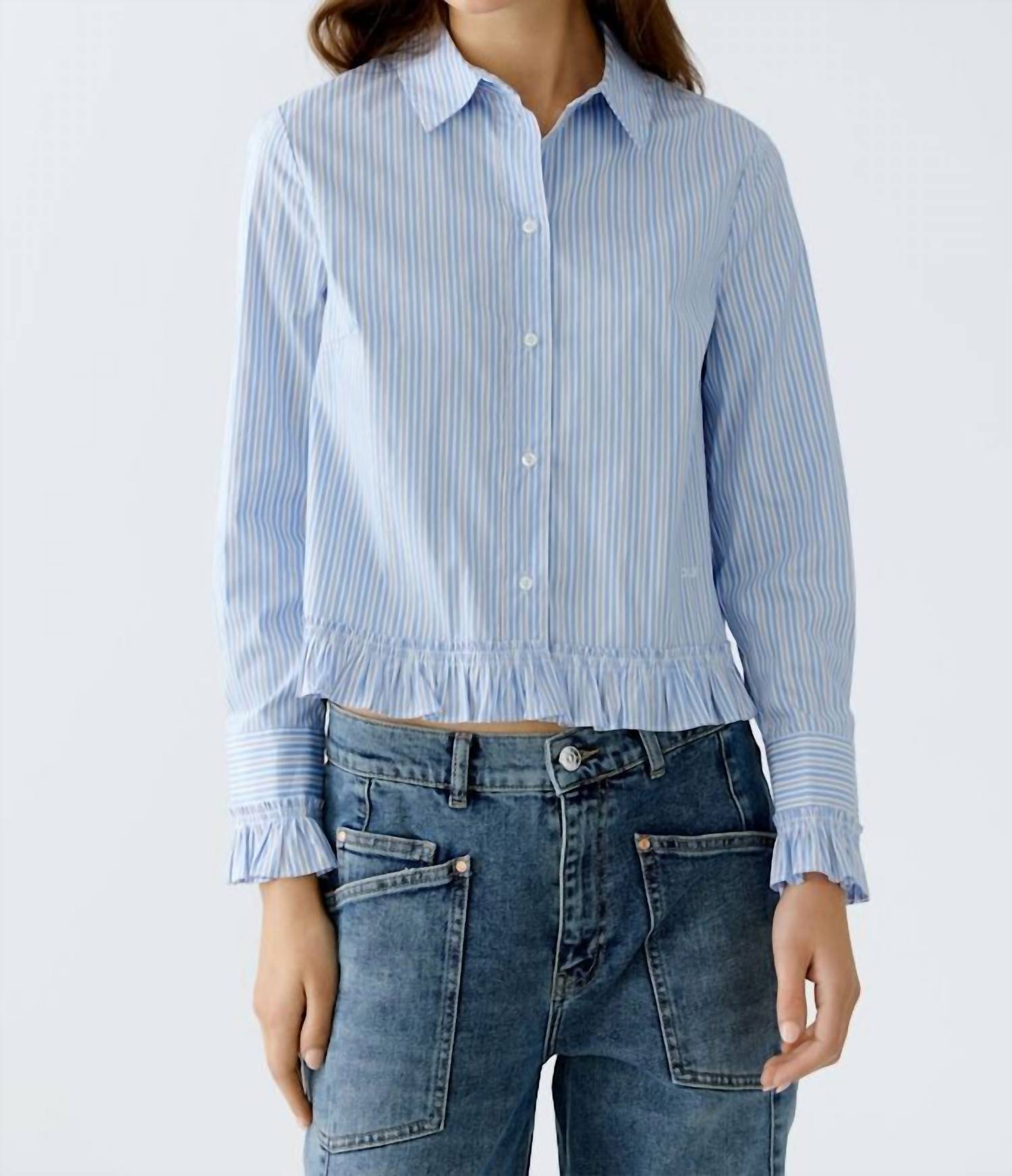 Oui Ruffled Sleeve And Hem Blouse in light blue white - women's blouse
