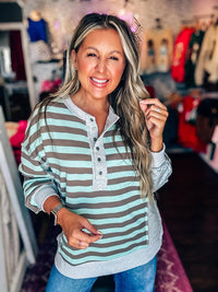 Very J - Oversized Striped Half Button Down Top