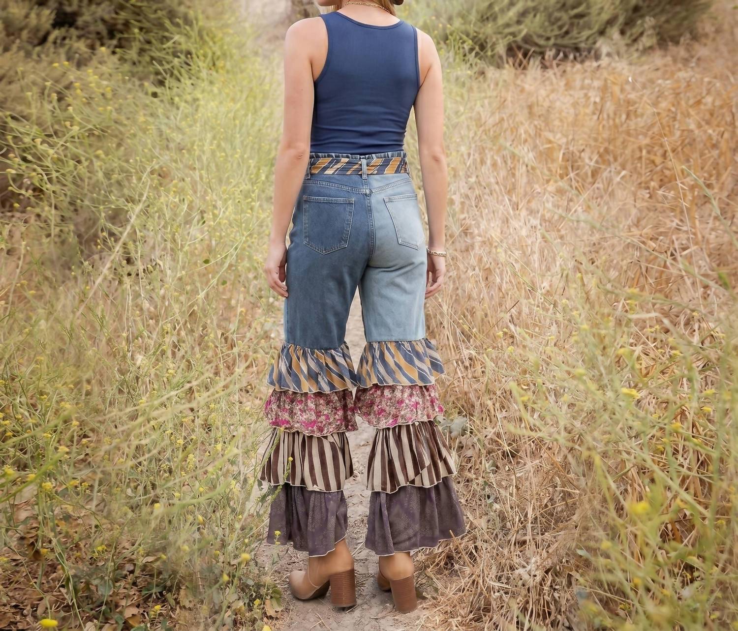 Young Threads - Denim Patchwork Ruffle Flare Pants With Belt