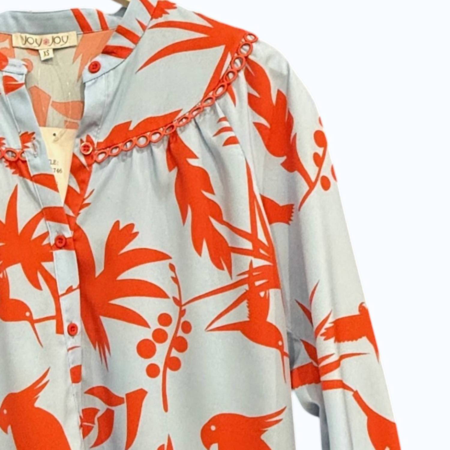 Joy Joy Women's Trimmed Blouse in red toucan - women's blouse - detail view