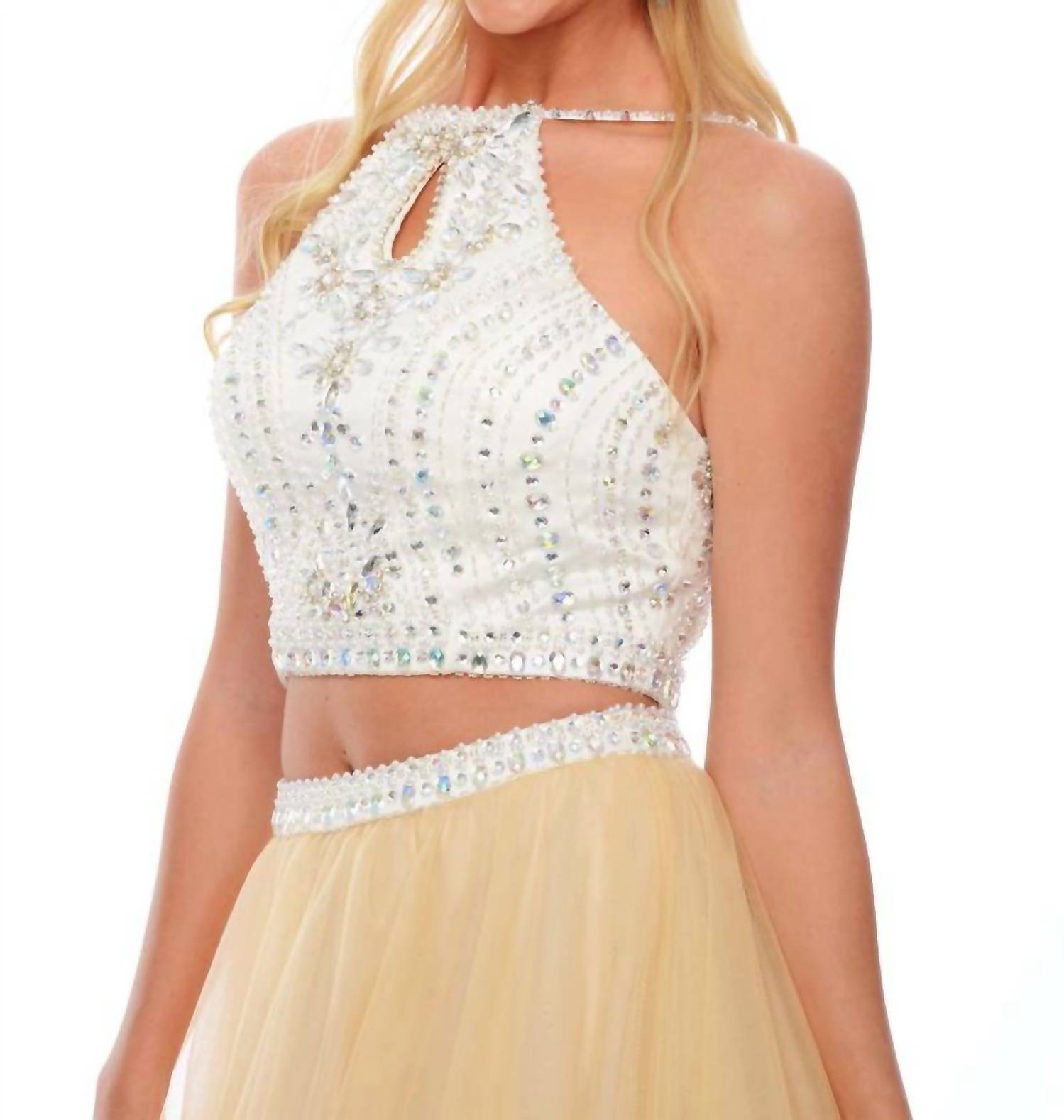 Precious Formals - Two Piece Beaded Halter Evening Gown