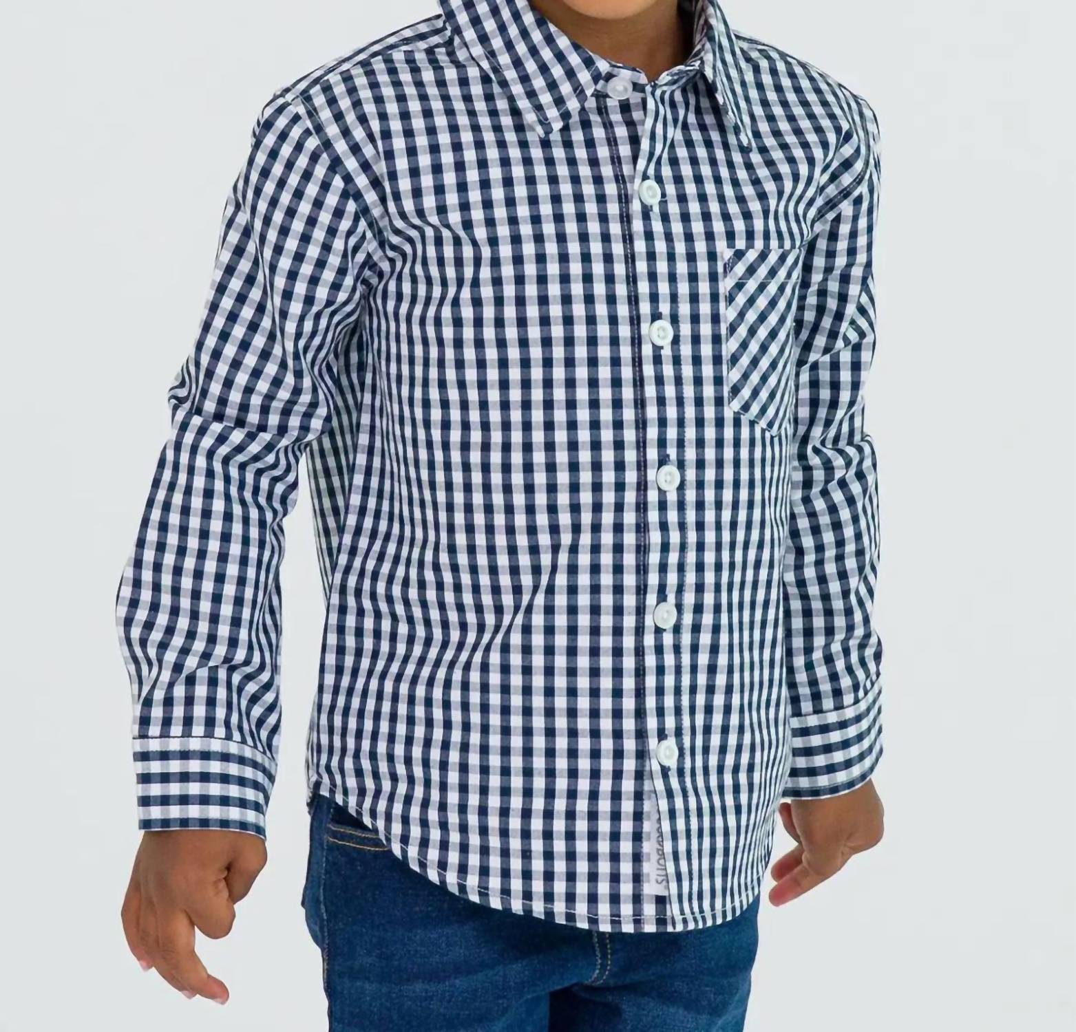 RuffleButts Gingham Button Down Shirt in navy - kids' shirt
