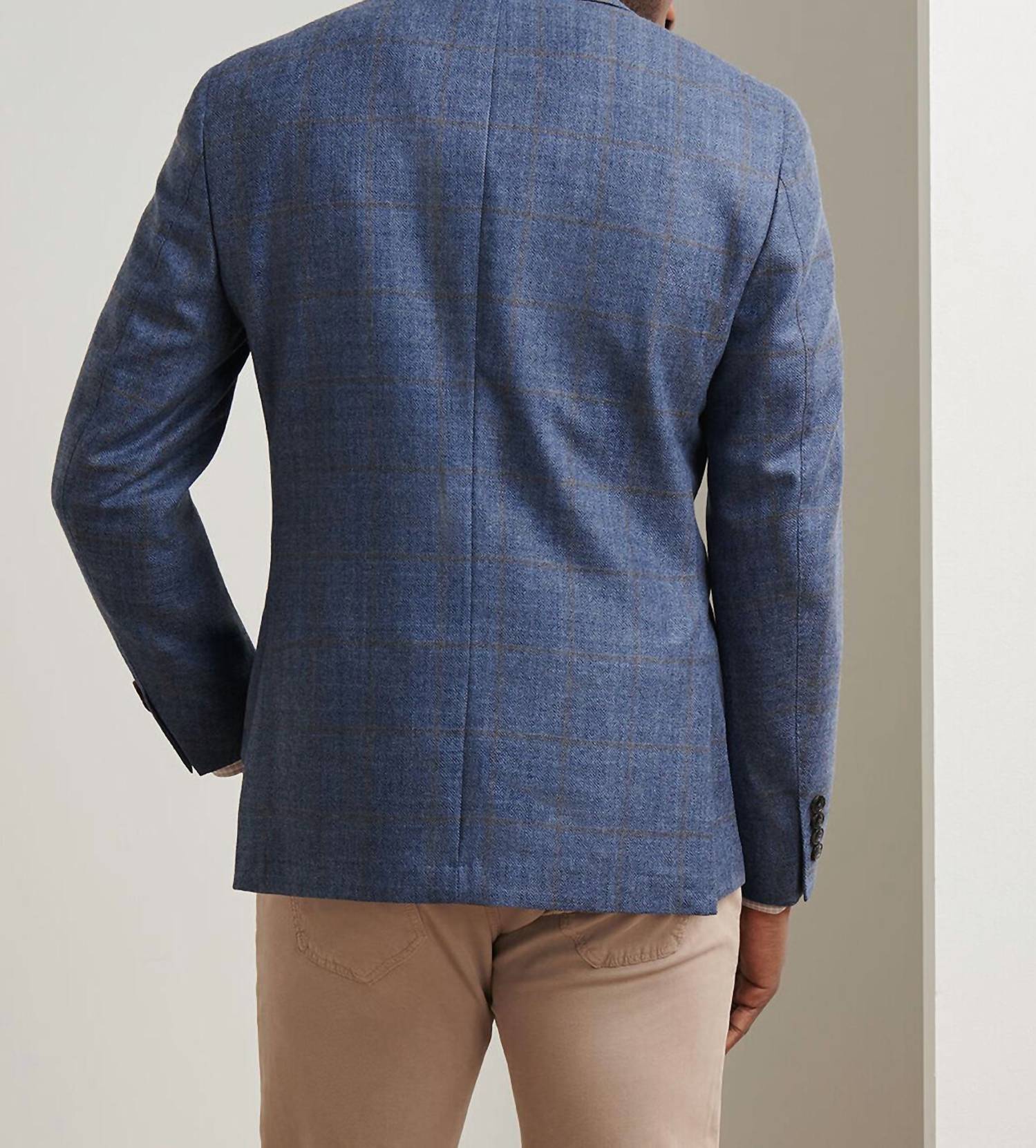 PETER MILLAR Delrose Plaid Soft Jacket in nebula blue - men's jacket - detail view