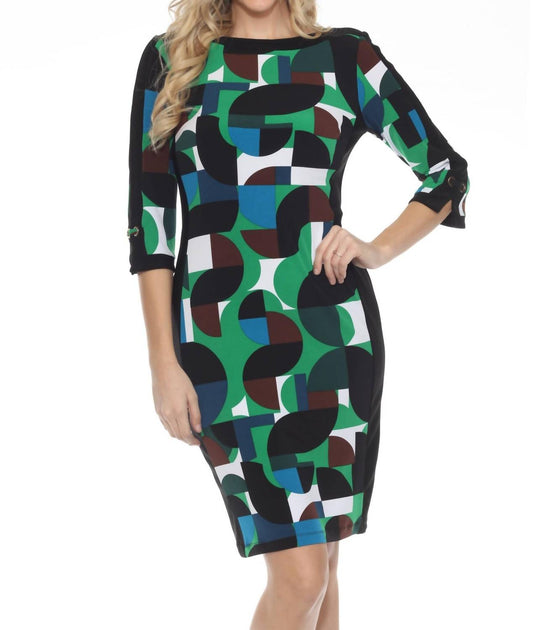 Joseph Ribkoff - Geometric Print Boat Neck Sheath Dress