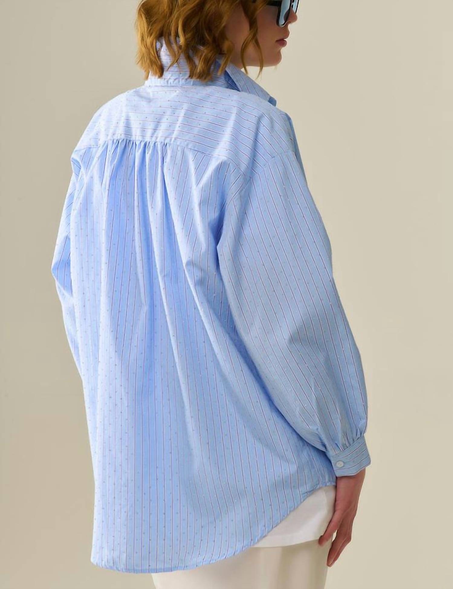 Q2 Striped Poplin Shirt With Strass Detail in blue - women's shirt - view 4