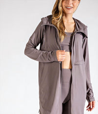 RAE MODE Long Hooded Active Jacket in smoky grey - women's jacket - alternate view