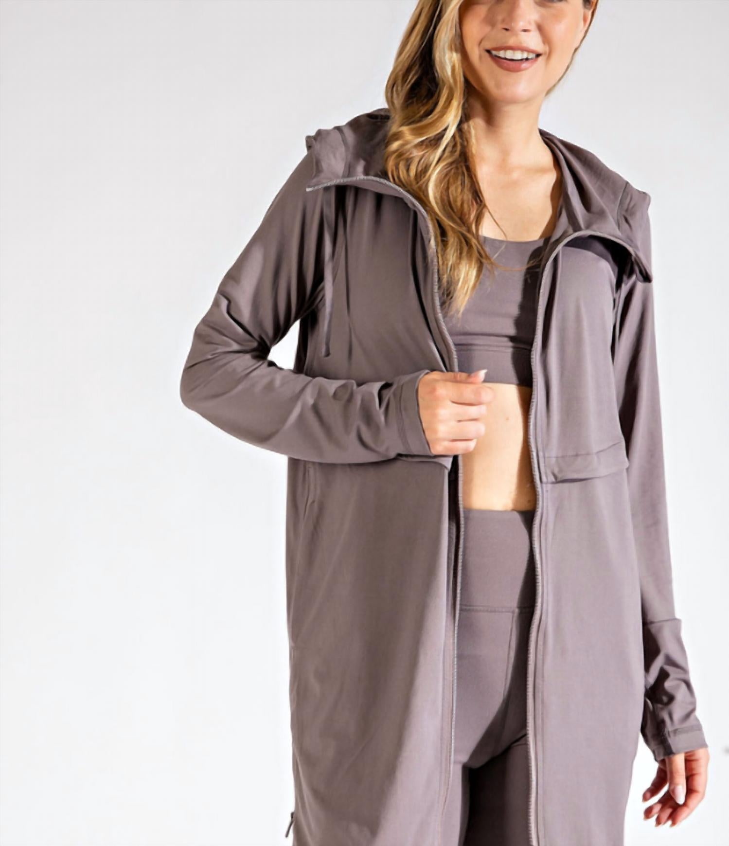 RAE MODE Long Hooded Active Jacket in smoky grey - women's jacket - alternate view