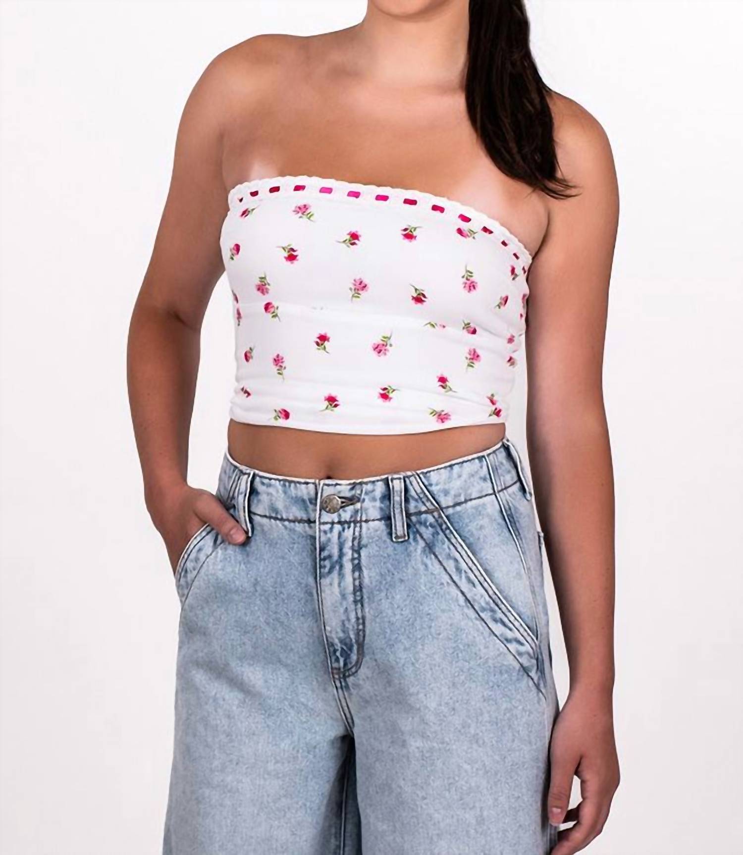 Sky To Moon - Women's Strapless Ditsy Floral Ribbon Top