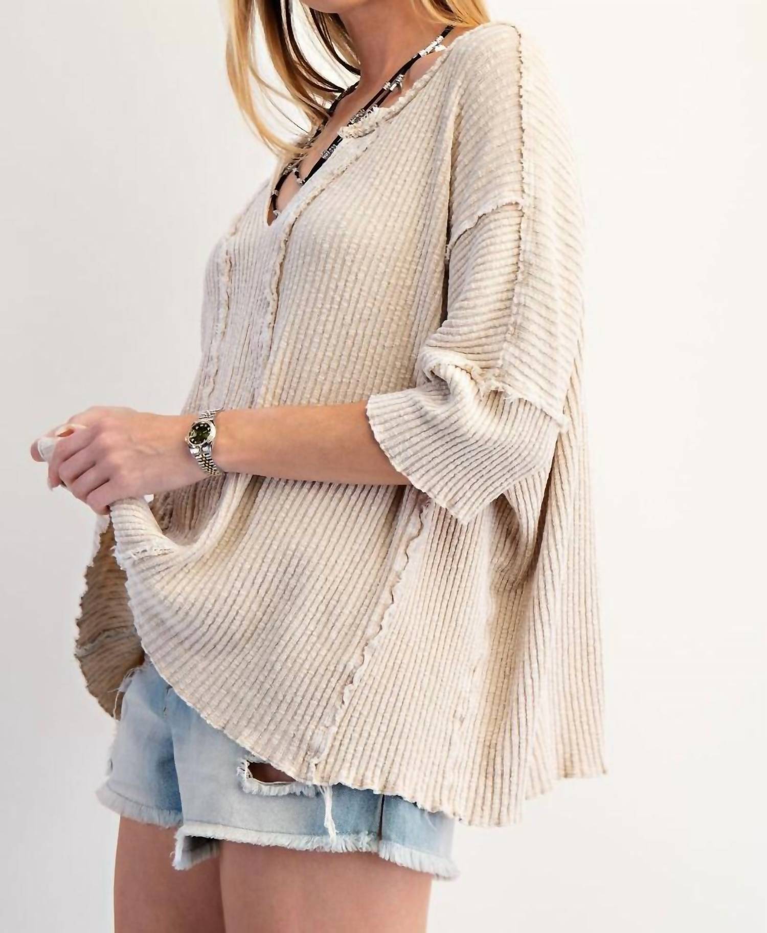 Easel - Textured Rib Knit Mineral Washed Top