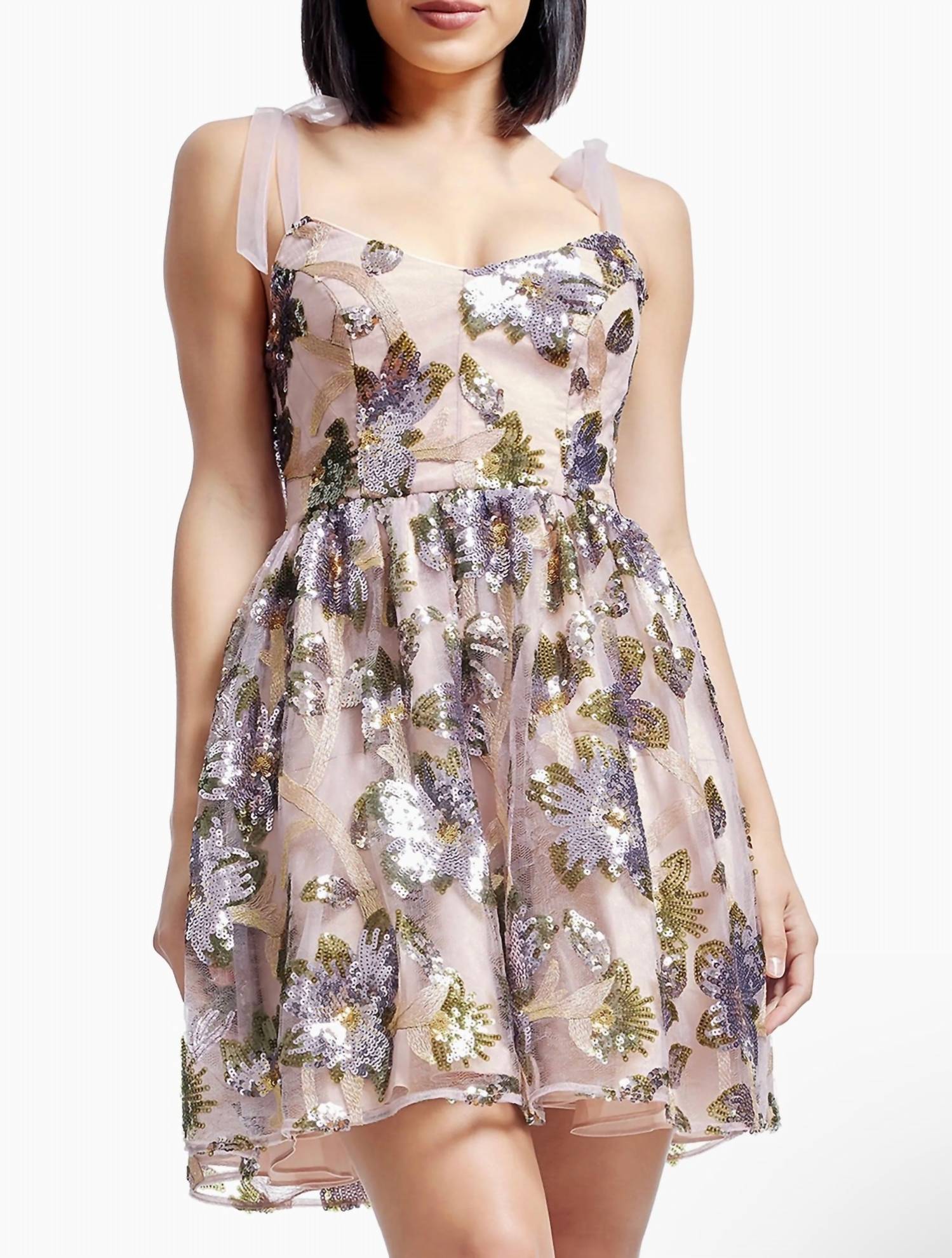 DRESS THE POPULATION Kaitrin Sequin Fit & Flare Mini Dress in lilac multi - women's dress