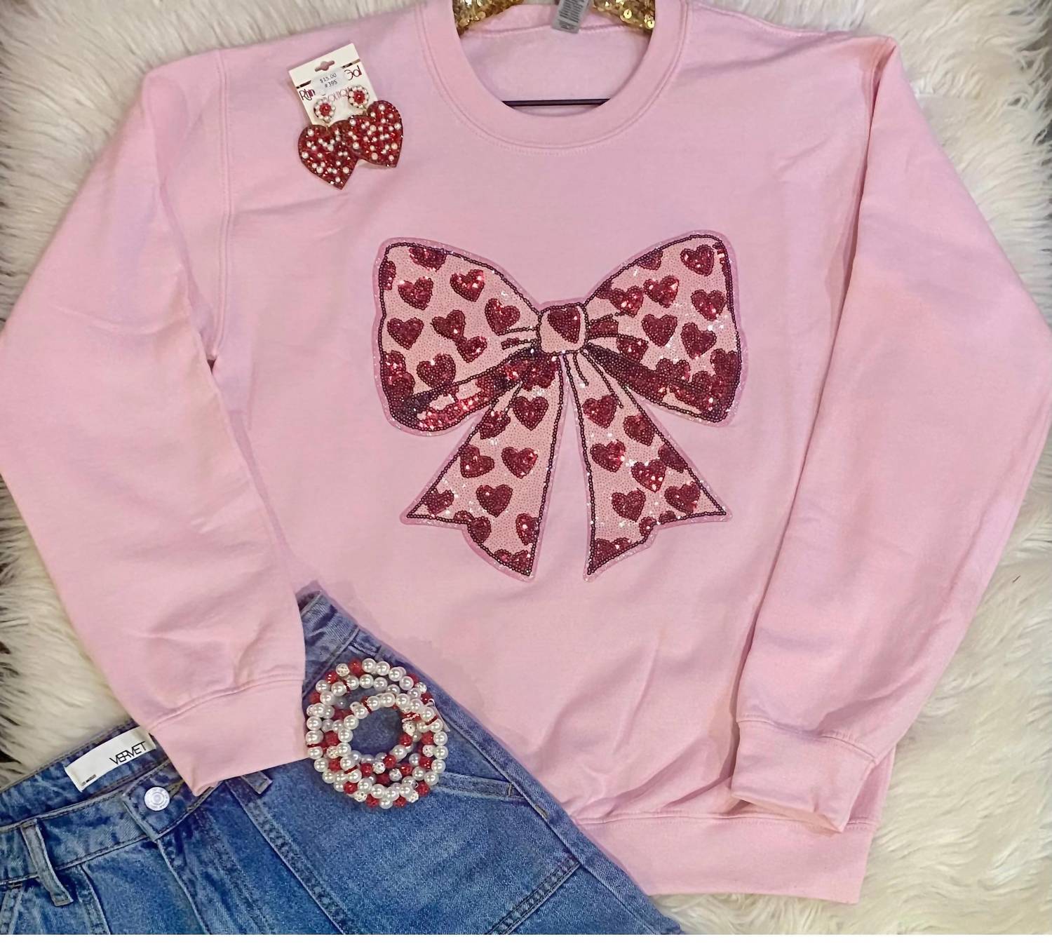 Trendy Tee Co. - Heart Bow Sequin Sweatshirt