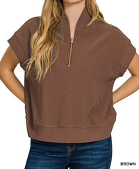 Zenana - Tulip Collar Quarter Zip Cap Sleeve Ribbed Pullover