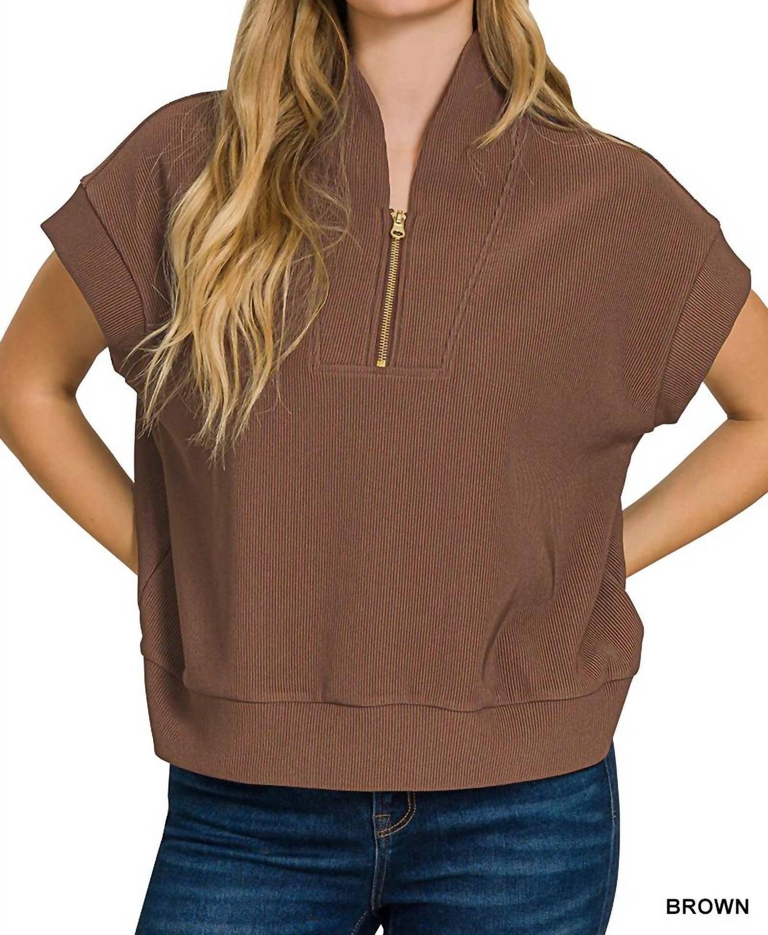 Zenana - Tulip Collar Quarter Zip Cap Sleeve Ribbed Pullover