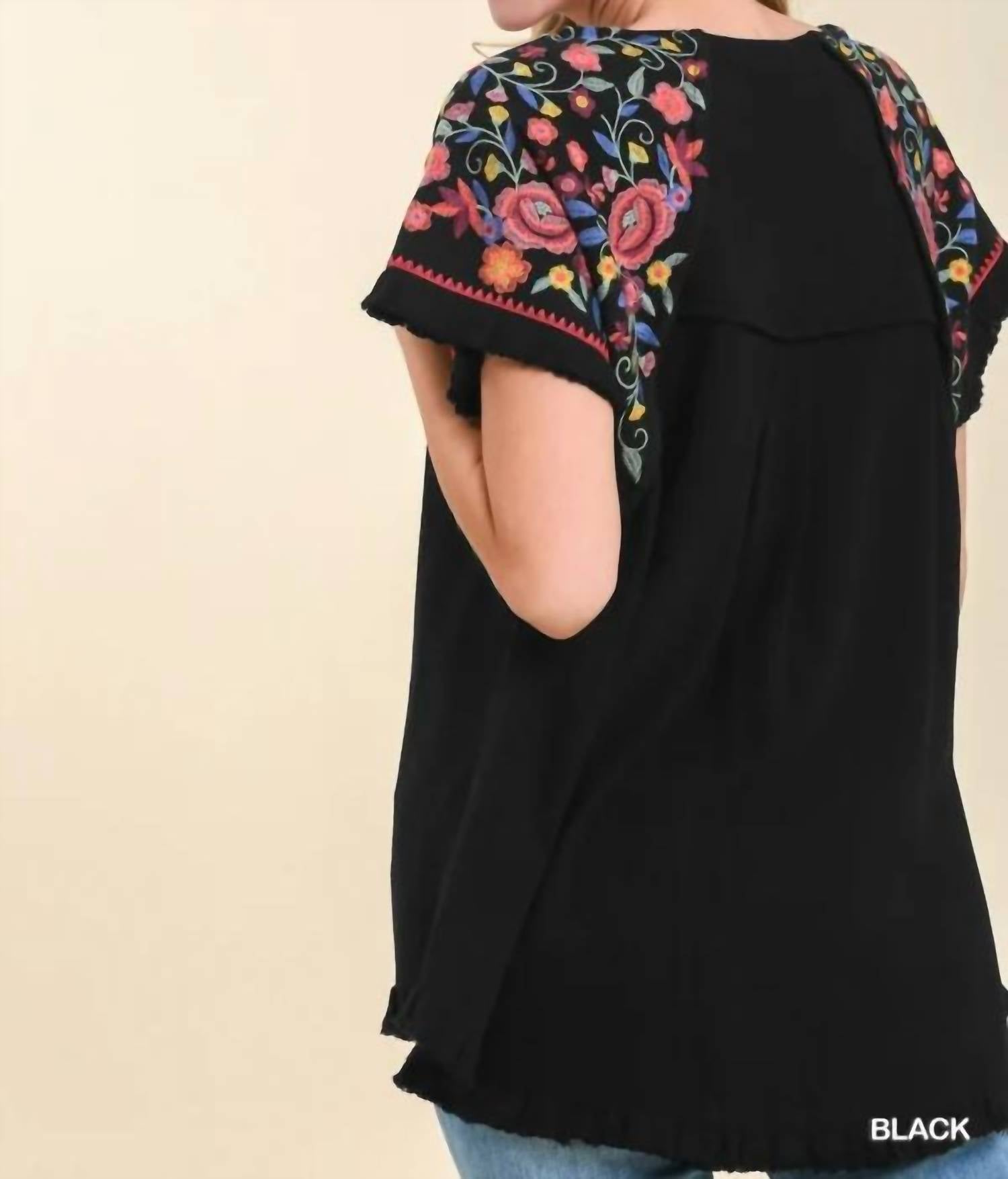 Umgee - Embroidered Sleeve Frayed Ruffle Trim Top
