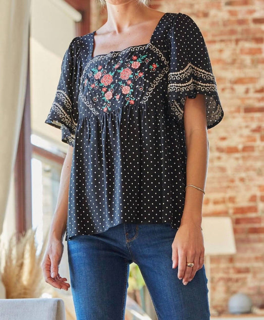Andree By Unit - Embroidered Polka Dot Top