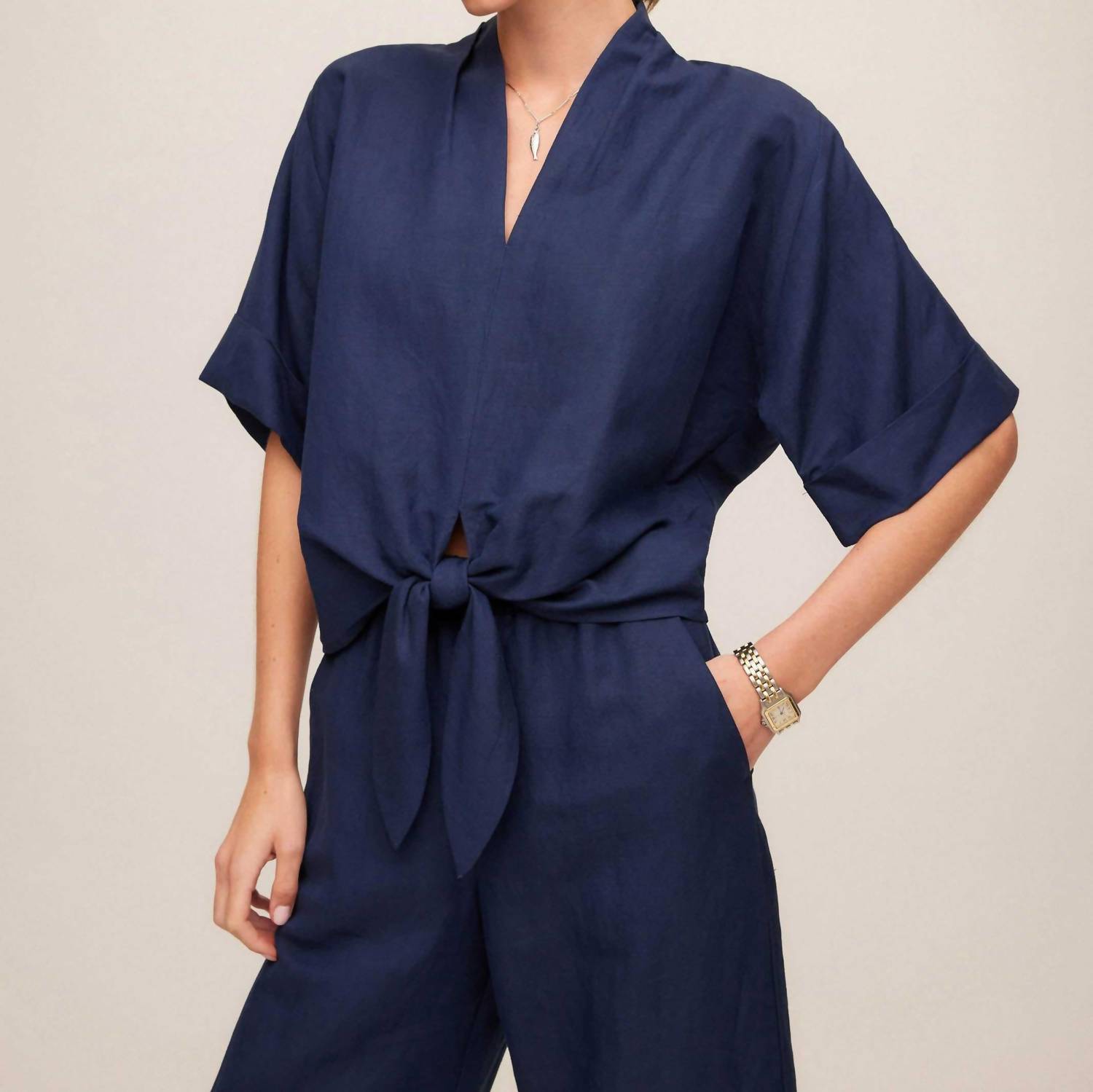Fifteen Twenty - Women's Janice Cuffed Sleeve Tie-front Top