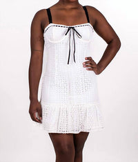 Sky To Moon - Women's Ribbon Trim Eyelet Ruffle Hem Dress