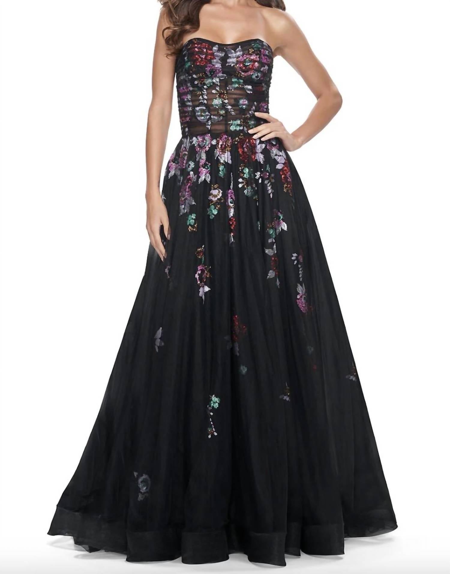 La Femme - Lace Floral Sequin Gown