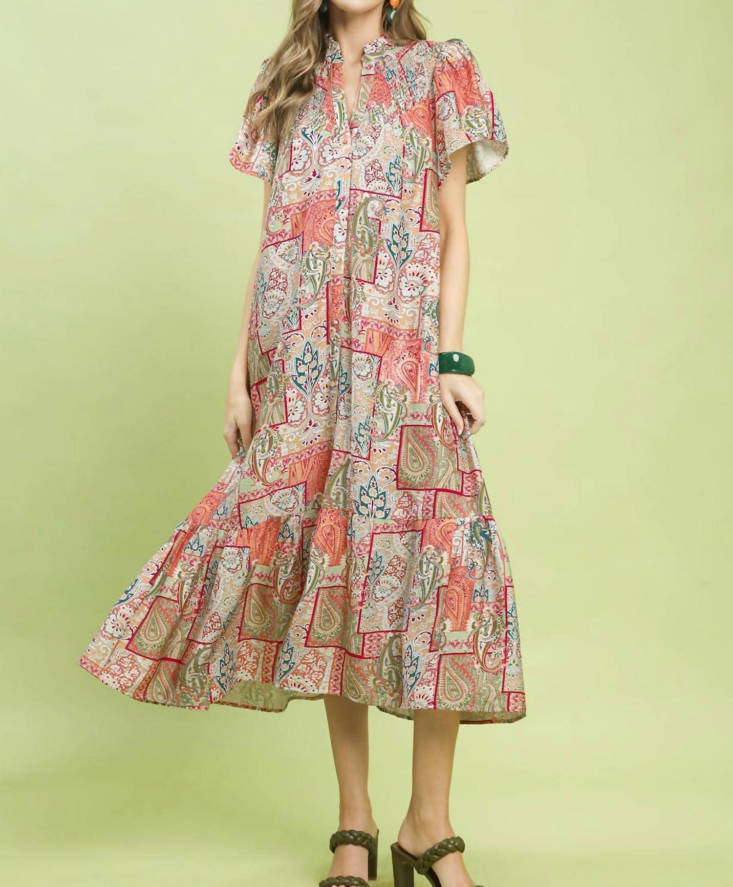 Umgee - Boho Patchwork Print Flutter Sleeve Midi Dress