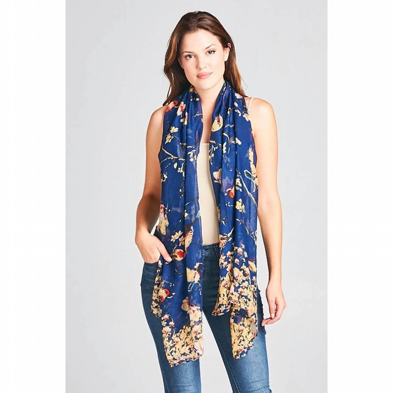 La Soul - Women's Birds And Cherry Blossom Printed Lightweight Scarf Wrap