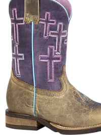 ROPER Kids Crosses Geo Sole Square Toe Cowgirl Boot in distressed tan purple - kids' boots - detail view