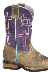 ROPER Kids Crosses Geo Sole Square Toe Cowgirl Boot in distressed tan purple - kids' boots - alternate view