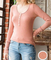 7Th Ray - Women's Ribbed Button Front Long Sleeve Top