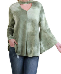 umgee Tie Dye Bell Sleeve Top in sage - women's blouse - detail view