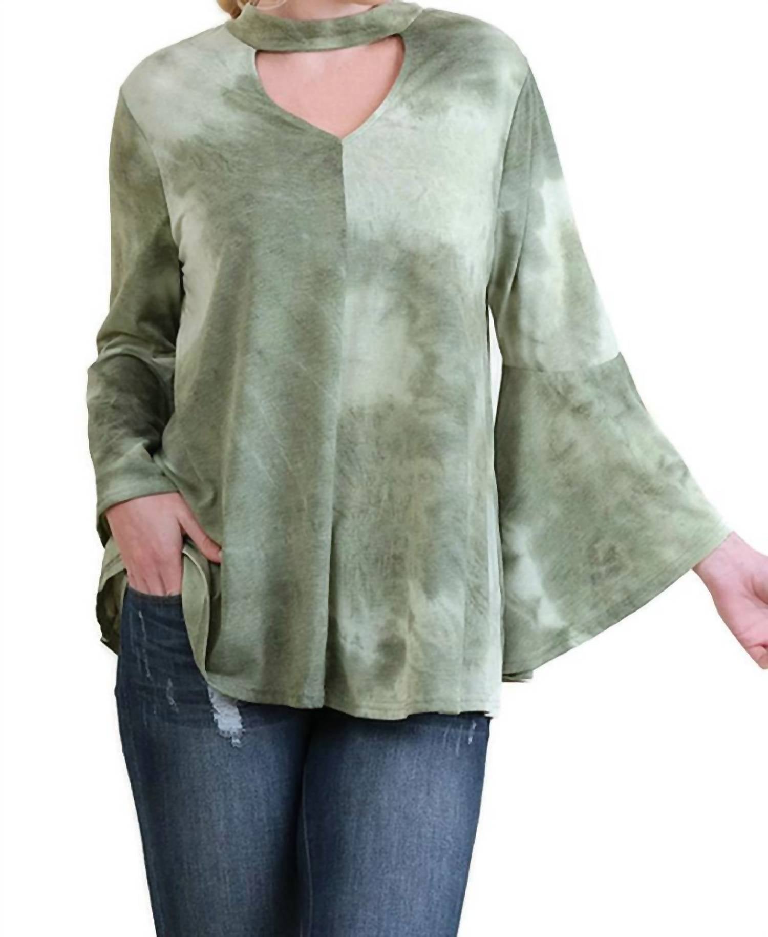 umgee Tie Dye Bell Sleeve Top in sage - women's blouse - detail view