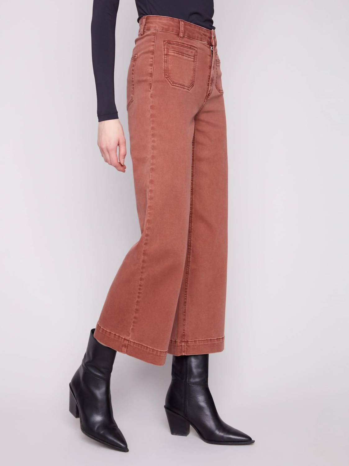 CHARLIE B Cropped Flair Legged Front Patch Pocket Pant in sepia - women's jeans - view 4