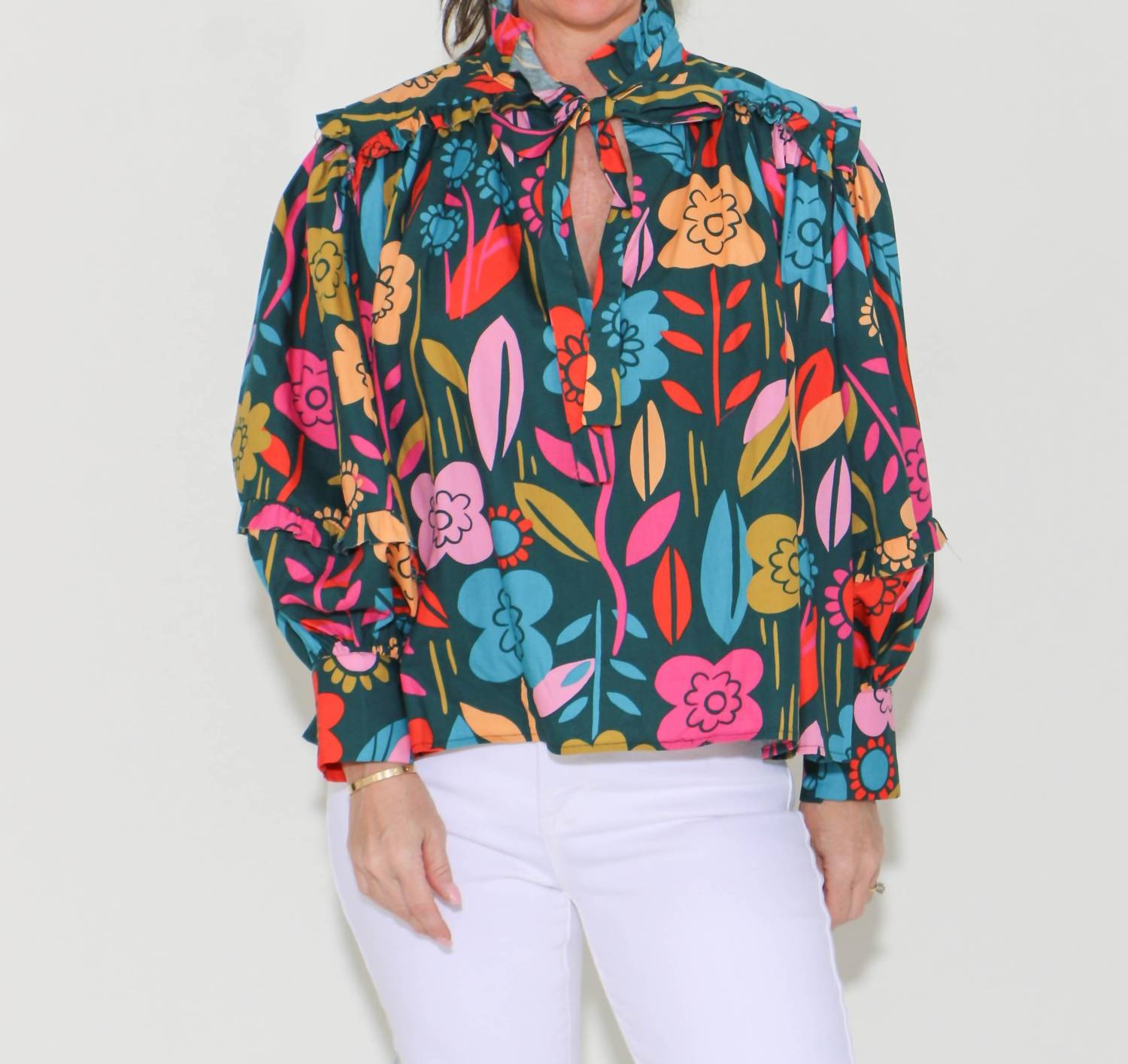 Karlie - Retro Garden Ruffle V-neck Top