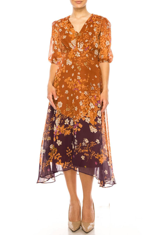 Maison Tara - Floral Contrast Three Fourth Sleeve Dress