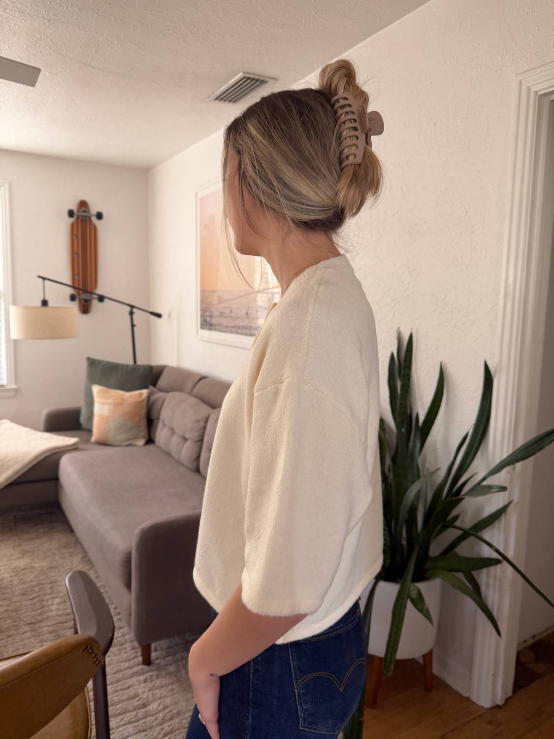 PINCH Knit Short Sleeve Button Cardigan Top in cream - women's cardigan - alternate view