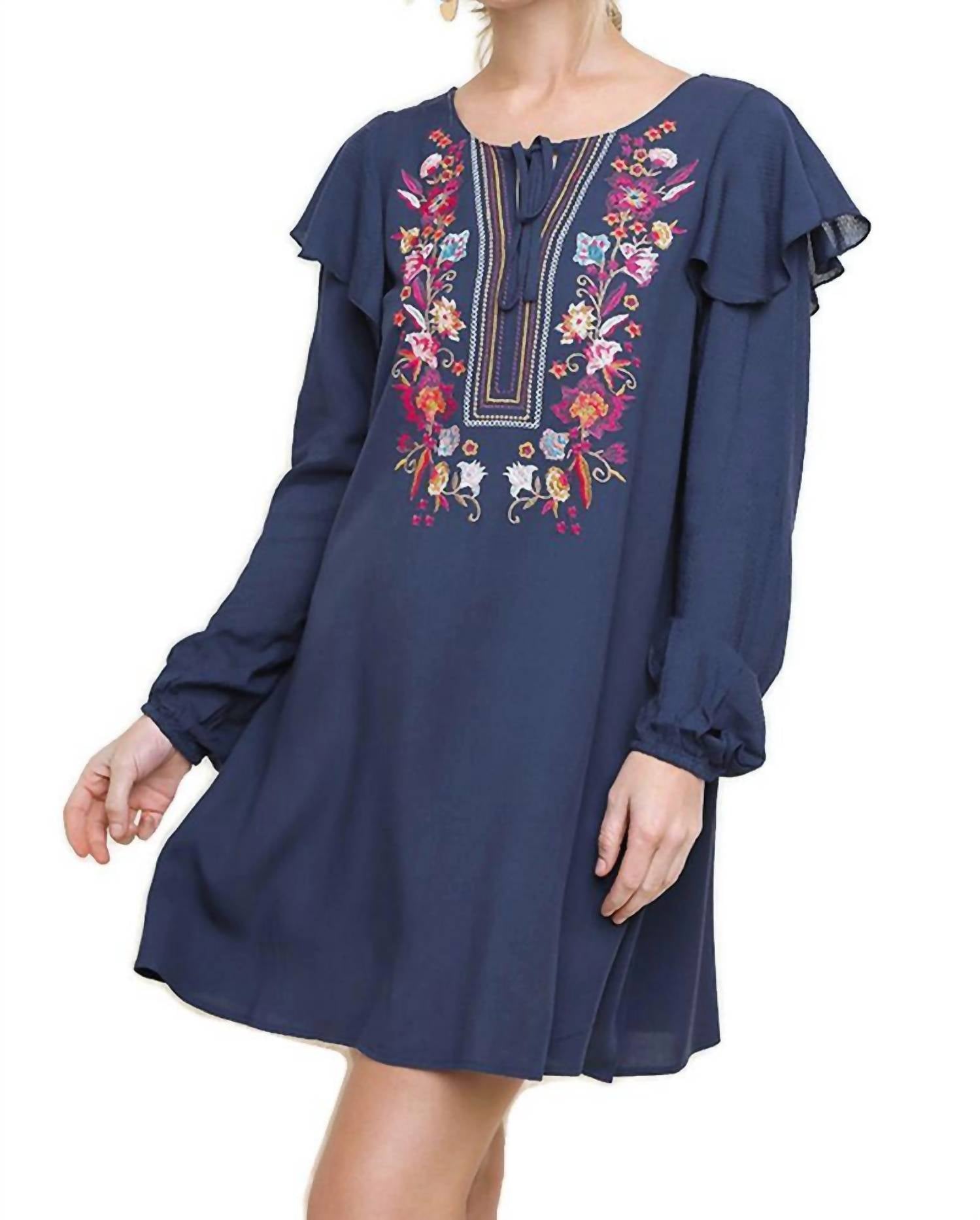 Umgee - Floral Embroidered Puff Sleeve Dress