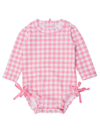 Rufflebutts - Gingham Long Sleeve One Piece Ruffle Rash Guard Swimsuit