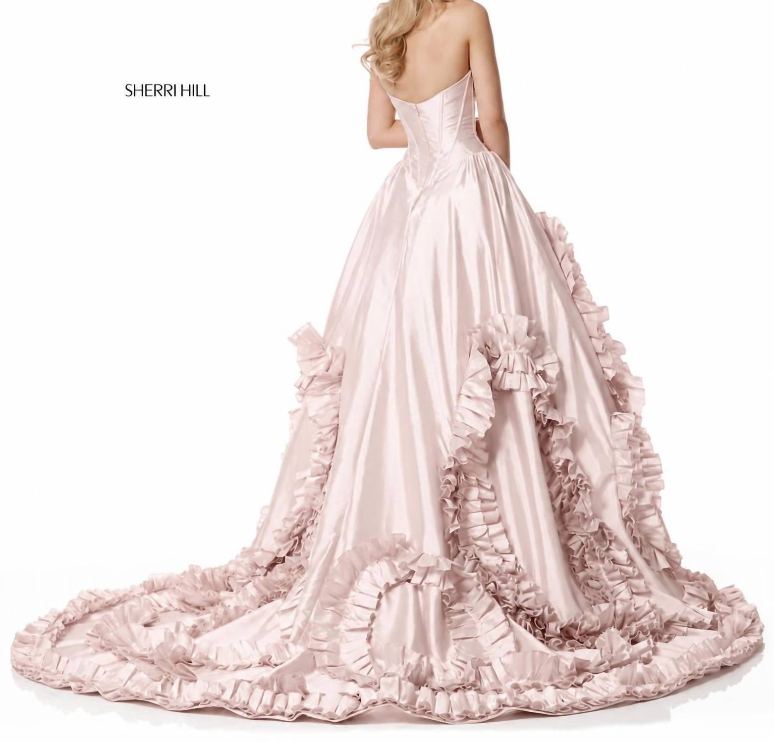 Sherri Hill Strapless Ruffle Ball Gown in pink - women's dress - detail view